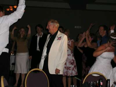 My grandpa leaving the dance floor after the dance off.