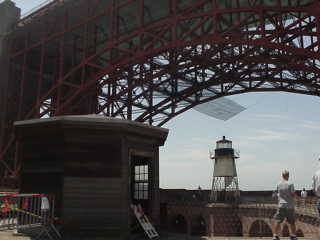 A picture of Fort Point light house that sits right under the Golden Gate Bridge.