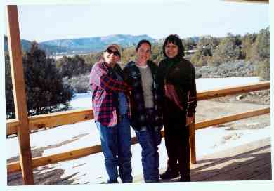 The bride, her mom, and aunt Kaye at the cabin